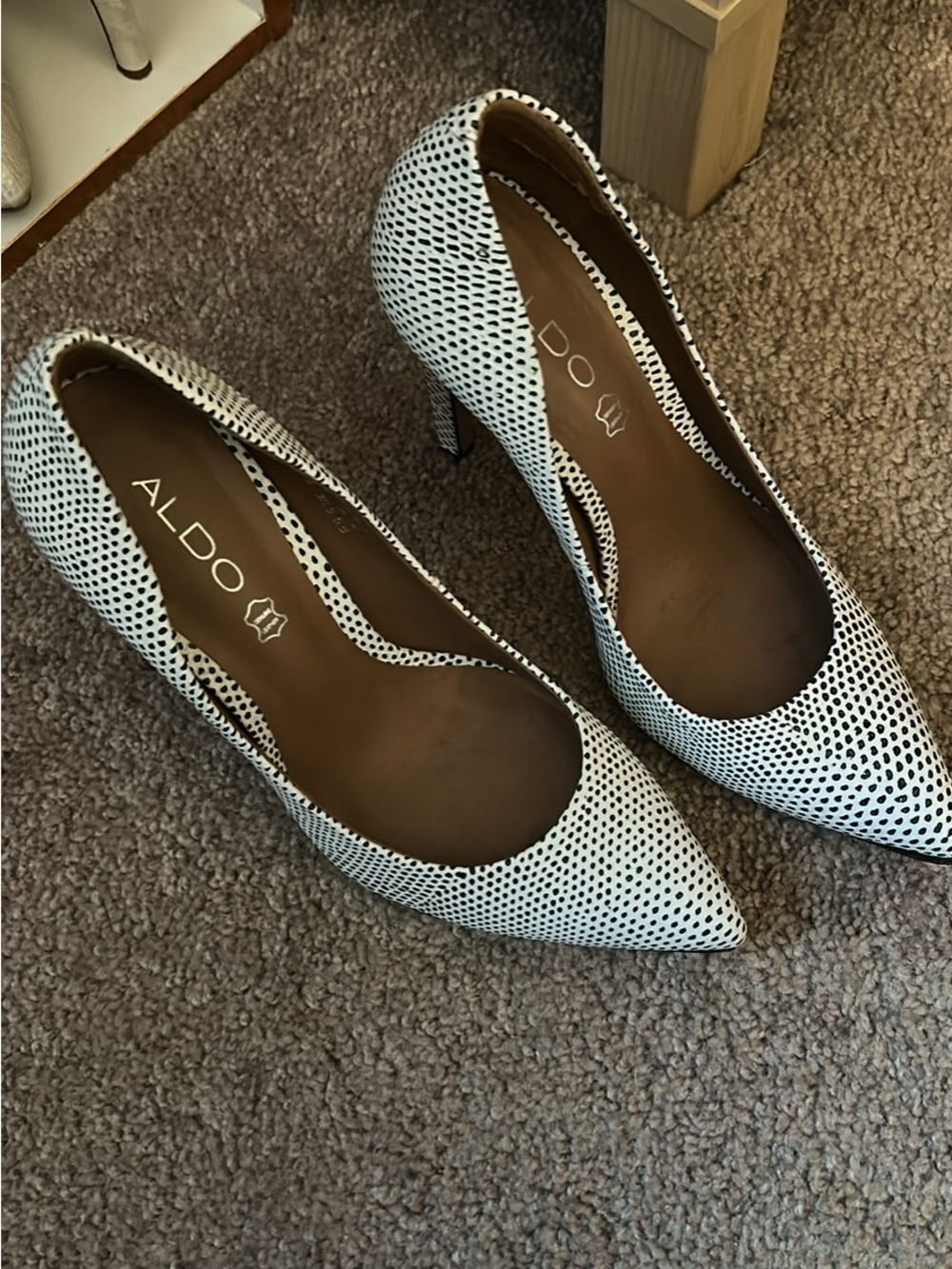 ALDO White and Black Dotted Pointed Toe Pumps